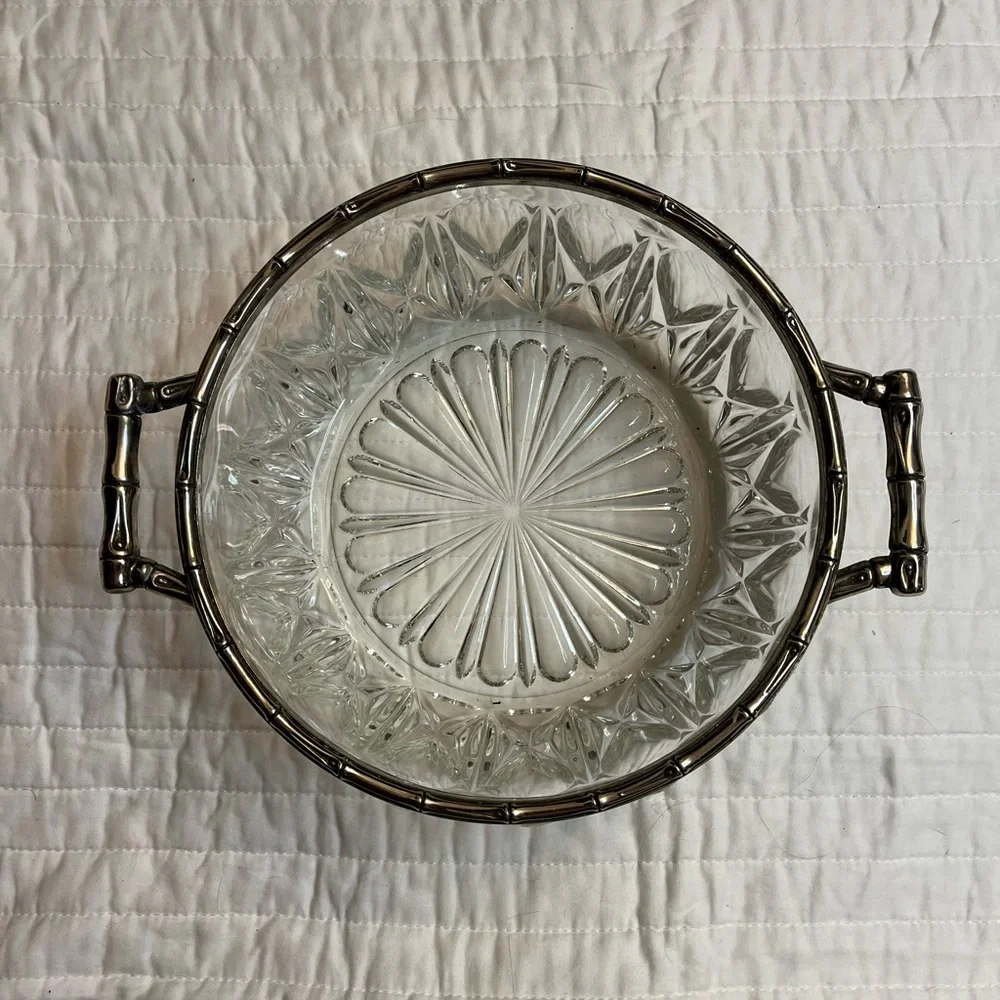 1960S ITALIAN CUT GLASS AND SILVER BAMBOO RIM SERVER BOWL
